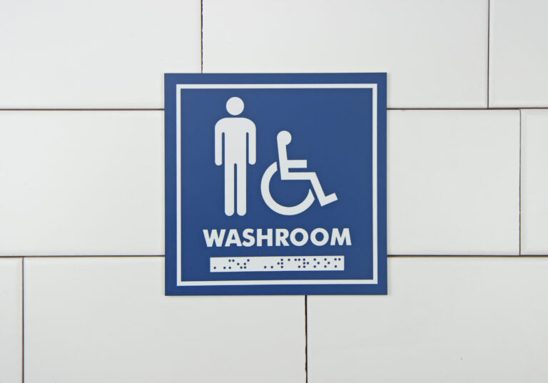 Load image into Gallery viewer, WASHROOM SIGNAGE – MALE/WHEELCHAIR WITH BRAILLE EMBOSS
