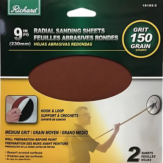 9" Round Drywall Sanding Sheets, 150 Grit with Velcro Backing 
