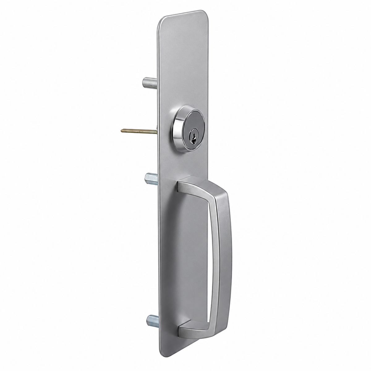 A modern rectangular door handle set in brushed silver metal, featuring a vertical handle, a round key cylinder, and mounting bolts, shown against a plain white background.
