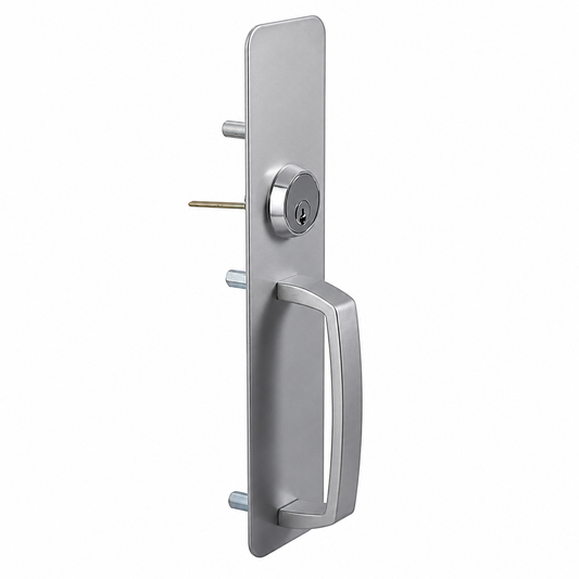 A modern rectangular door handle set in brushed silver metal, featuring a vertical handle, a round key cylinder, and mounting bolts, shown against a plain white background.