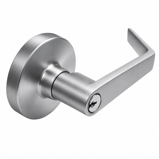 A modern lever door handle with a round backplate, shown in a satin silver finish against a plain white background.