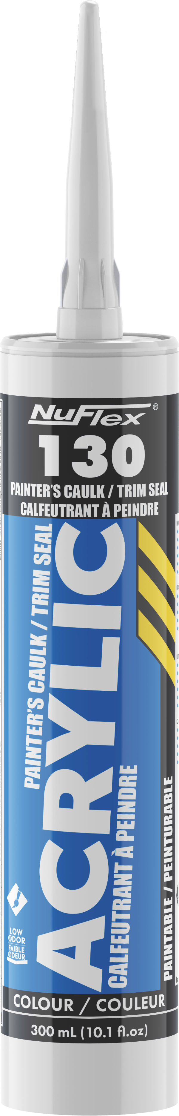 A tube of NuFlex 130 Acrylic Painter's Caulk Trim Seal in blue, with a white applicator tip, on a plain white background.