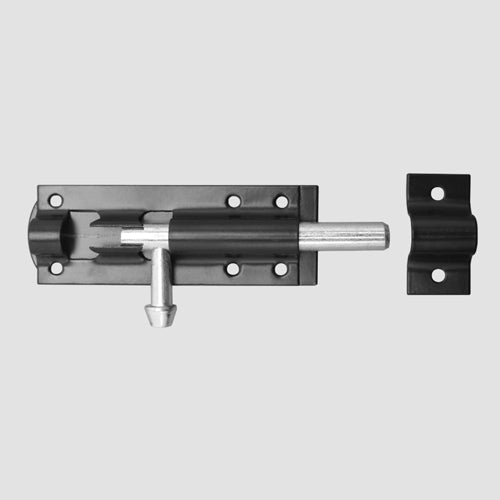 A black metal door latch bolt with a silver metal shank and a separate black mounting bracket, shown on a light gray background.
